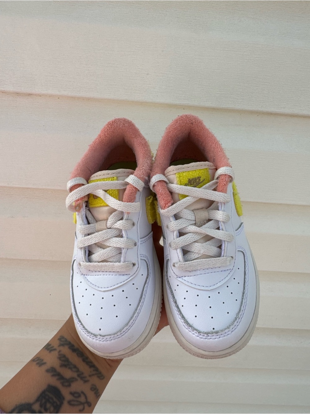 Nike Kids White Sneakers with Yellow Swoosh and Pink Collar - Picture 2 of 8